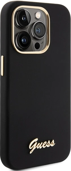 Mbështjellës Guess Silicone Script Metal Logo & Frame për iPhone 15 Pro Max, i zi