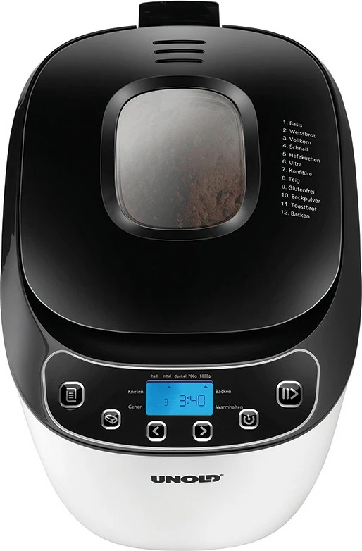 Makineri buke UNOLD 68010, 1 kg, timer i programueshëm, kontroll i thekjes, funksion mbajtje ngrohtë, dritare shikimi, e bardhë