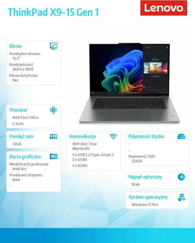Ultrabook Lenovo ThinkPad X9-15 Gen 1, Intel Core Ultra 5 228V, 32 GB RAM, 512 GB SSD, 15.3" OLED, Gri