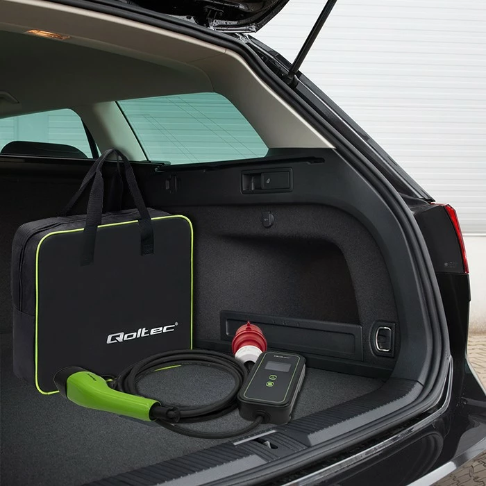 Karikues portativ për vetura elektrike Qoltec 52477, Type 2, 7kW, 5m, WiFi, i zi/gjelbër