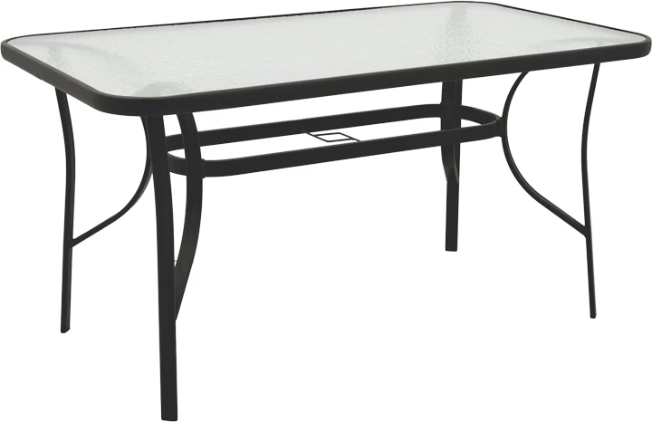 Tavolinë për jashtë, metalike, xham i kalitur, 140x80x70 cm