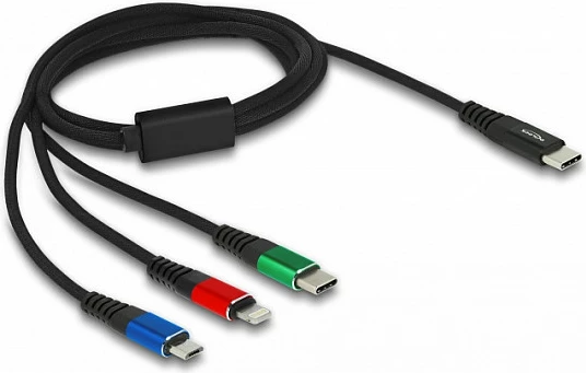 Kabllo karikimi DeLOCK 3n1 USB-C në Lightning/Micro-USB/USB-C, 1 m, USB 2.0, deri 3A, e zezë/kuqe/blu/gjelbër