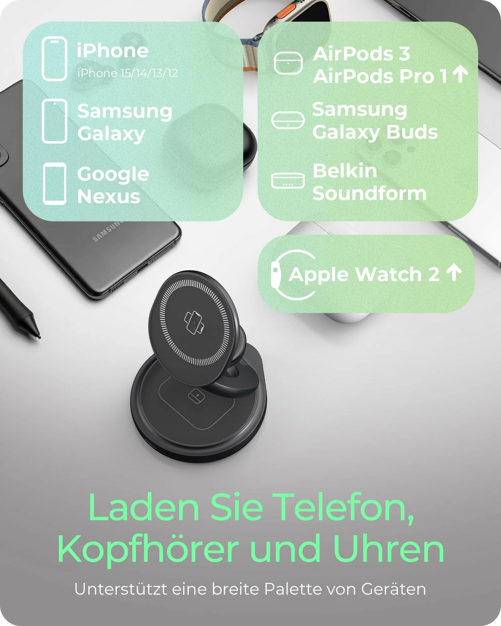 Stacion karikimi magnetik ICY BOX 3-në-1 për iPhone/Apple Watch/AirPods, USB-C PD 15W, palosës, antracit/gri