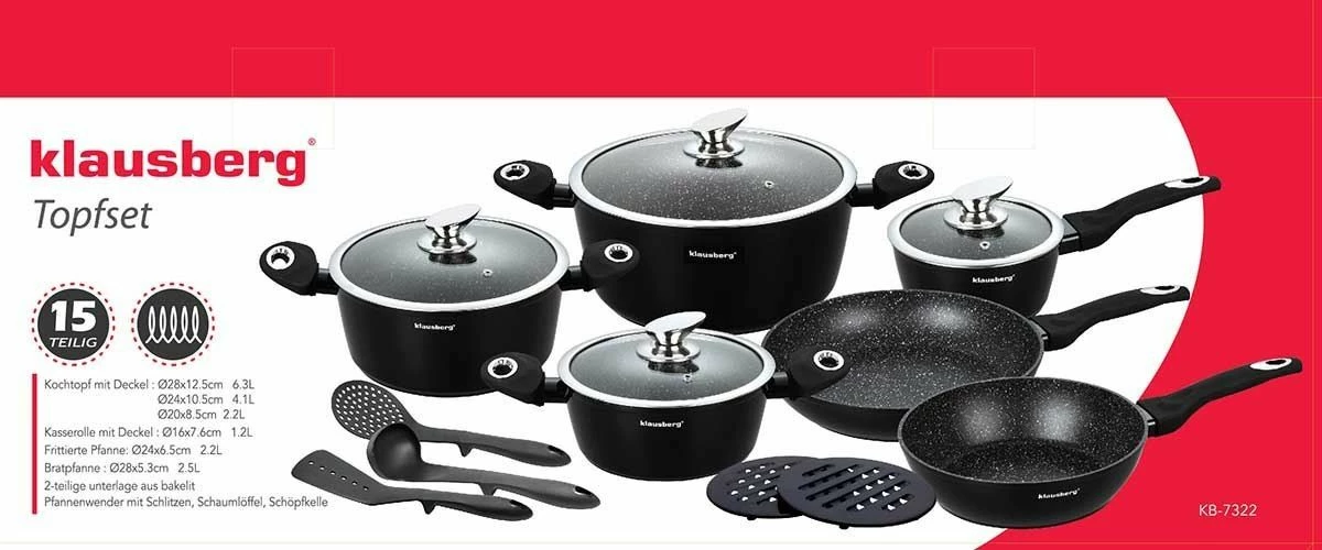 Set tenxheresh dhe tiganësh Klausberg KB-7322, veshje graniti/mermeri, 15 copë, e zezë