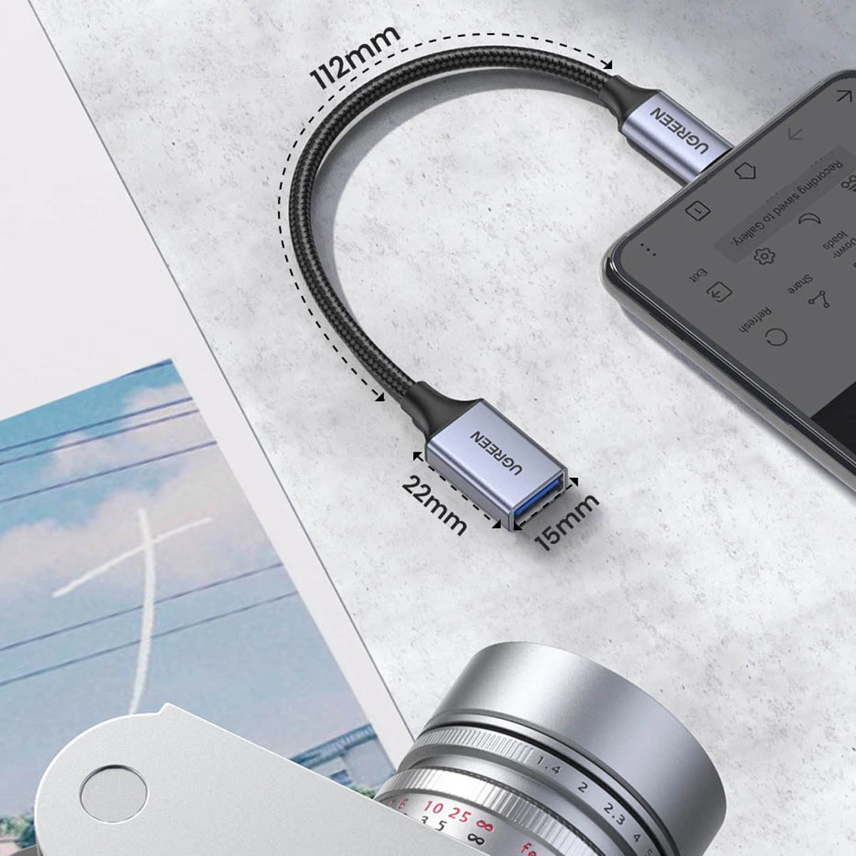 Kabllo adapter OTG Ugreen US378, USB-C (mashkull) në USB-A (femër), 0.15m, e zezë