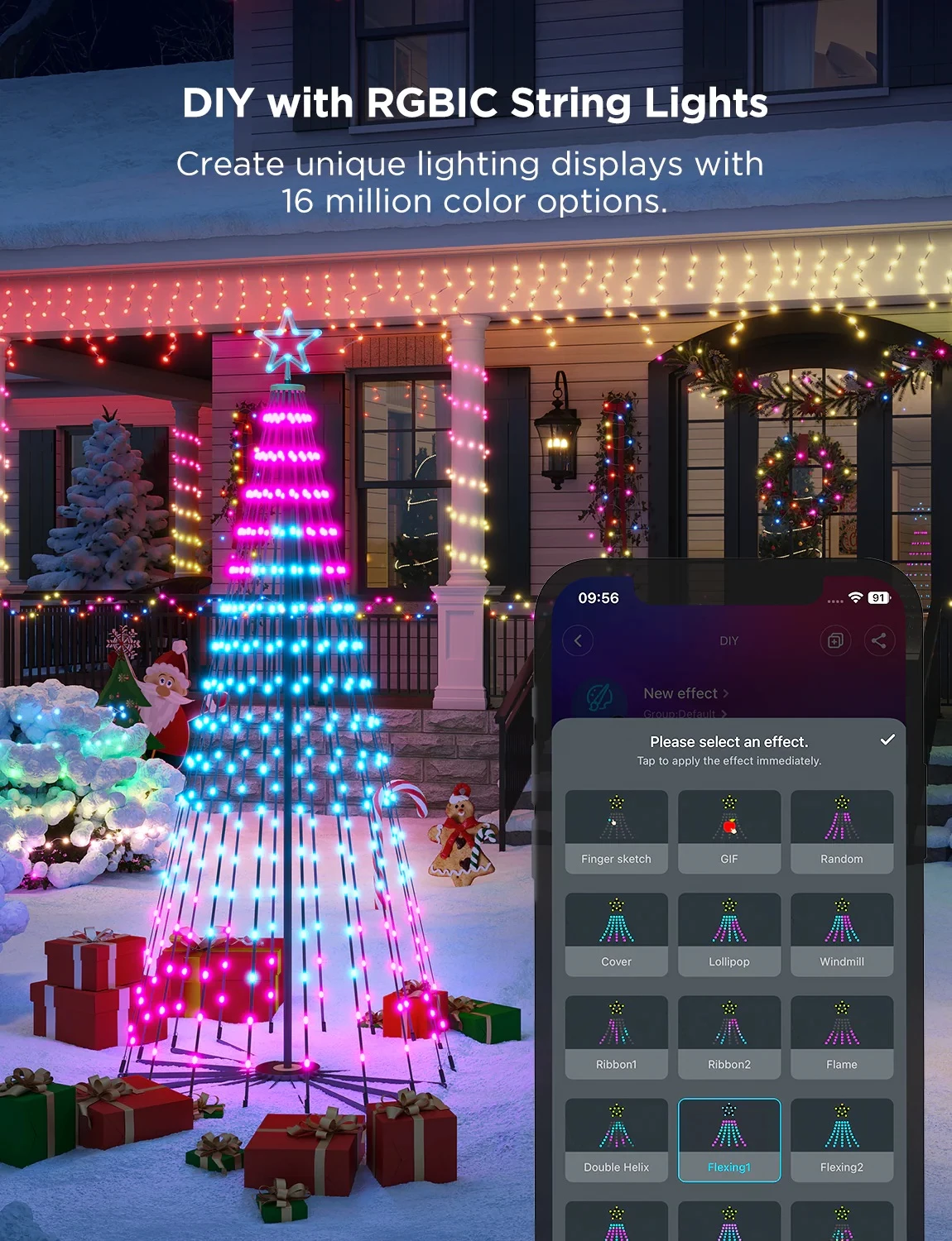 Drita dekorative smart Govee Cone Tree Lights RGBIC, IP65, 66 skena, me kontroll zanor, multicolor, set me 6 kunja