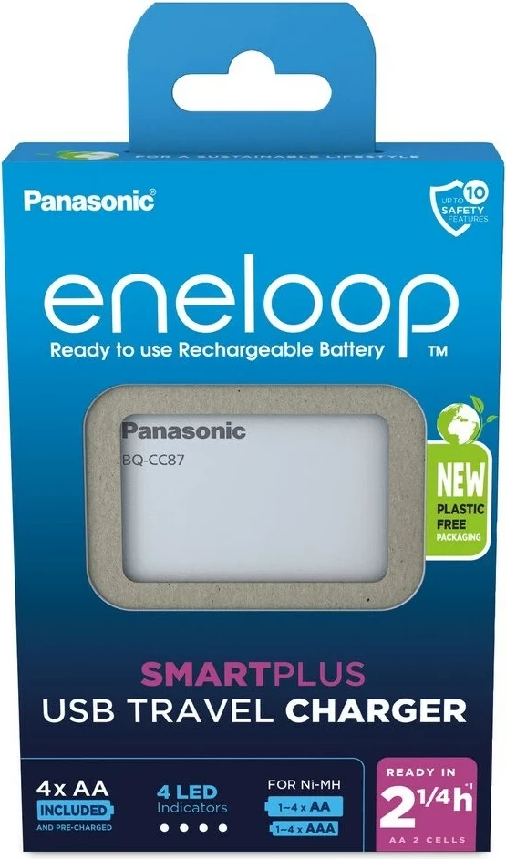 Karikues baterish Panasonic Eneloop Smartplus BQ-CC87 me 4x AA 2000 mAh, Bardhë