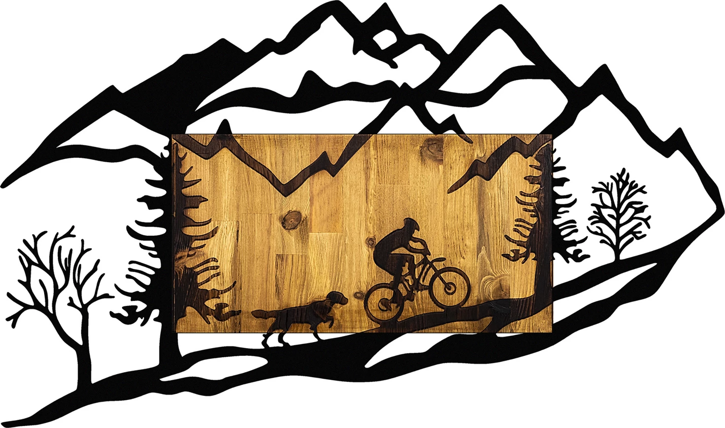 Aksesor dekorativ për mur, dru dhe metal, biçikletë në natyrë, Wallity, ngjyrë arre dhe e zezë, 110x3x65cm