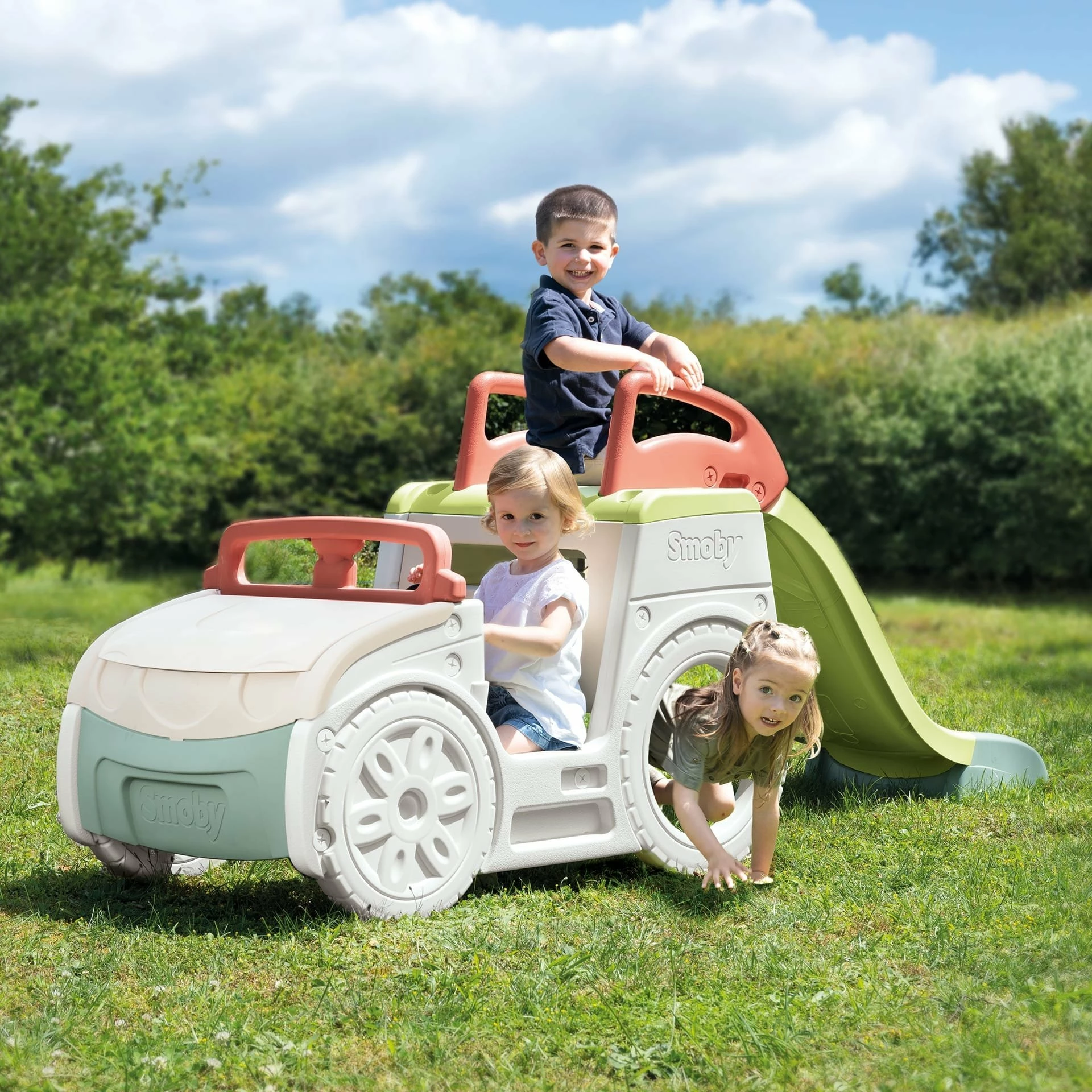Lodër oborri 3-në-1 Smoby Adventure Car 840207, rrëshqitëse 150 cm, shumëngjyrëshe