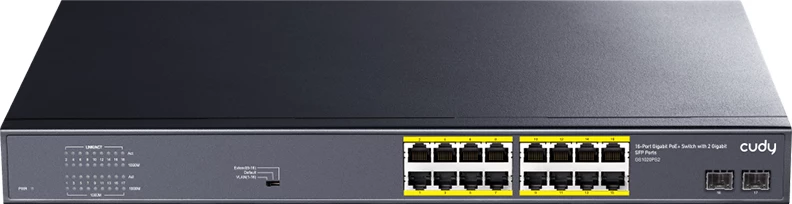 Ndërprerës PoE+ me 16 porta Gigabit me 2 porta Gigabit SFP 200W (GS1020PS2)