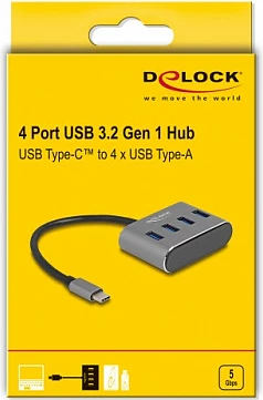 Hub USB DeLOCK 4-Port USB 3.2 Gen 1, USB-C në 4x USB-A, 5Gbps, i zi