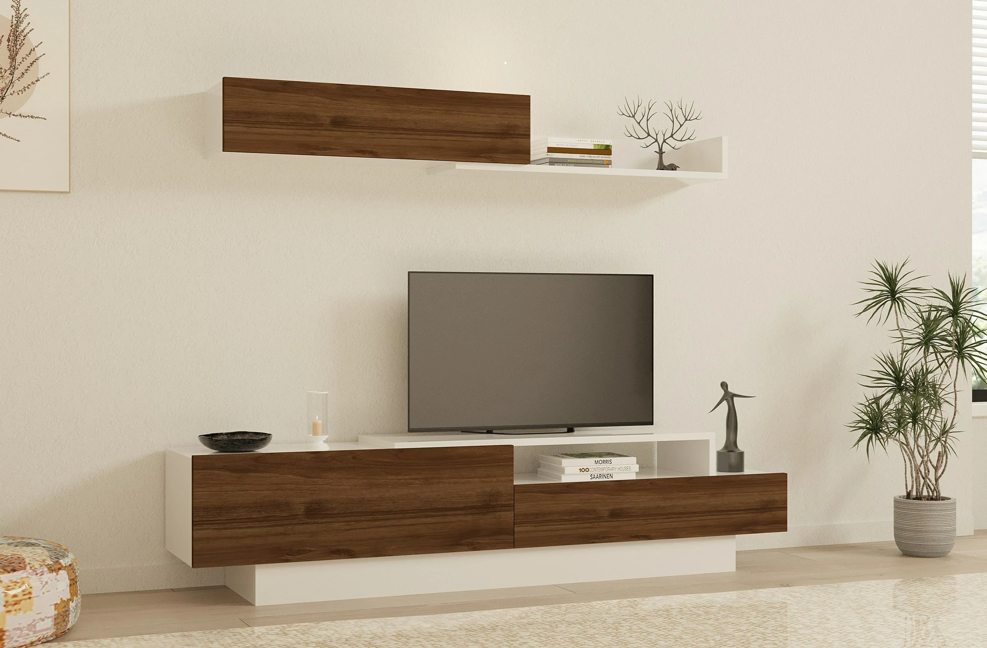 Komodë TV Hanah Home, Elda, e bardhë dhe arre