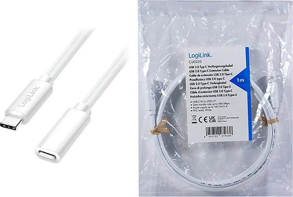 Kabllo USB Type-C LogiLink C/M në C/F, USB 2.0, 2 m, 100W, e bardhë