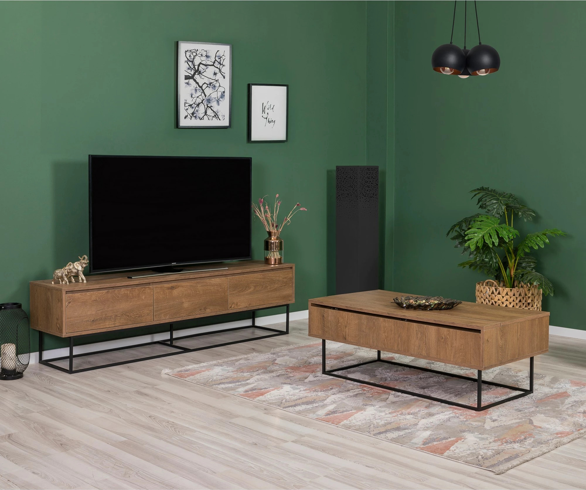 Set mobiljesh për dhomë dite, ngjyrë arre dhe e zezë, Skye Decor, Laxus Takım 23