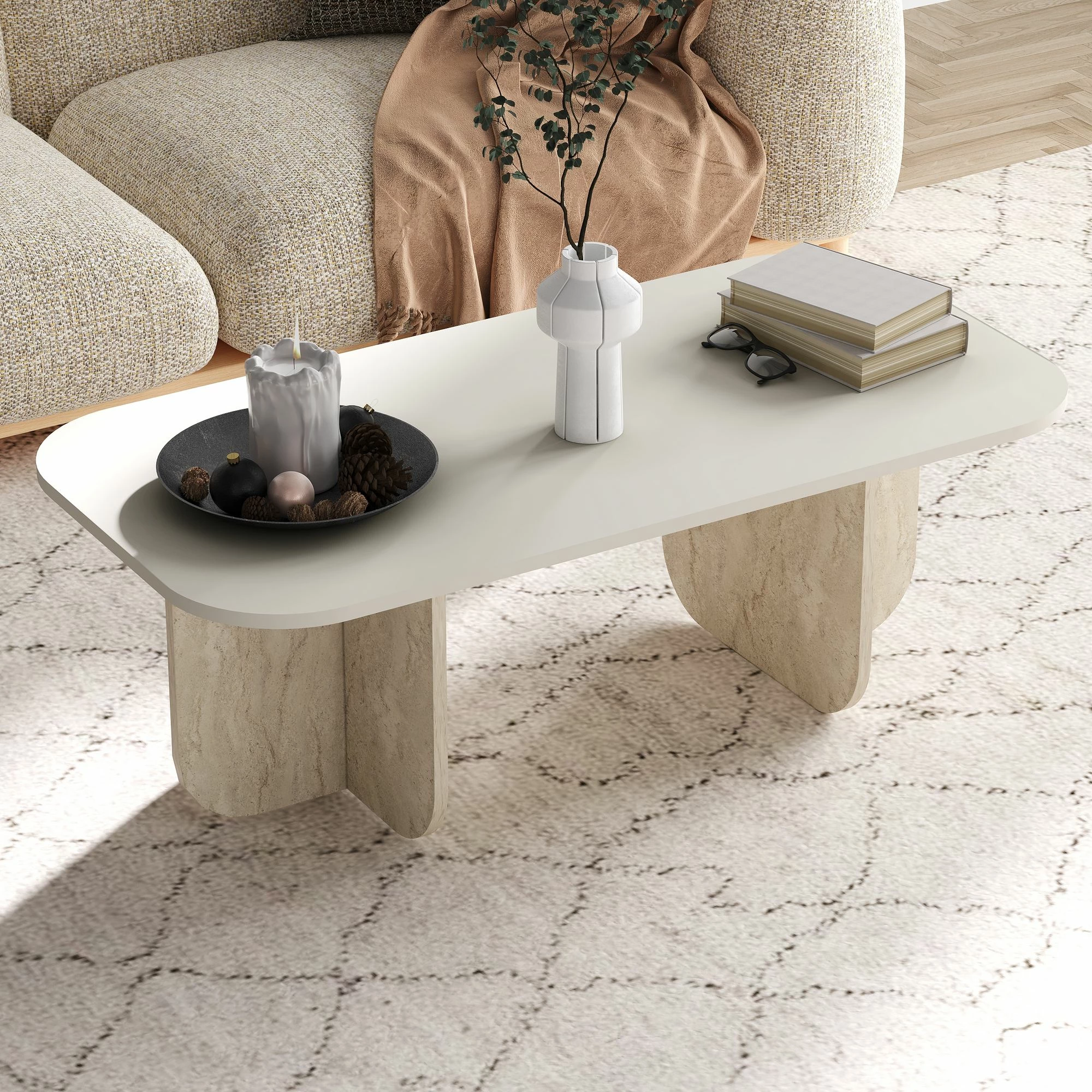 Tavolinë kafeje Skye Decor, ngjyrë sandstone dhe travertin