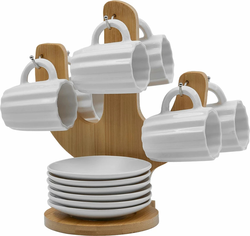 Set filxhanësh espresso Cactus, 6 copë, porcelan i bardhë, bambu natyral, 17x12x22