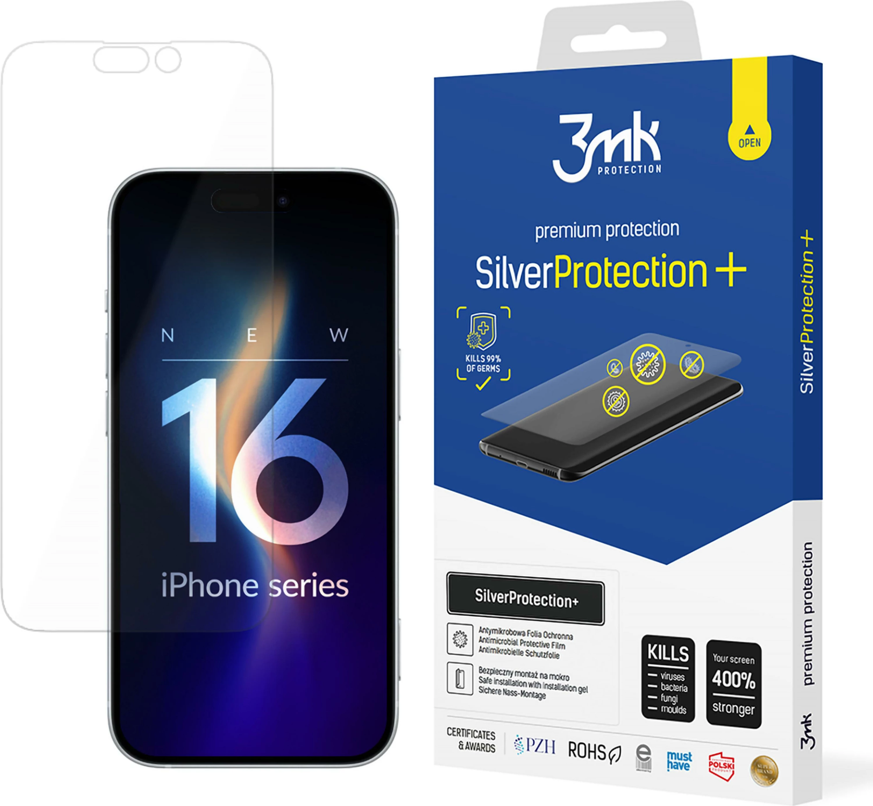 Film mbrojtës antibakterial 3mk SilverProtection+ për iPhone 16 Plus, Transparent