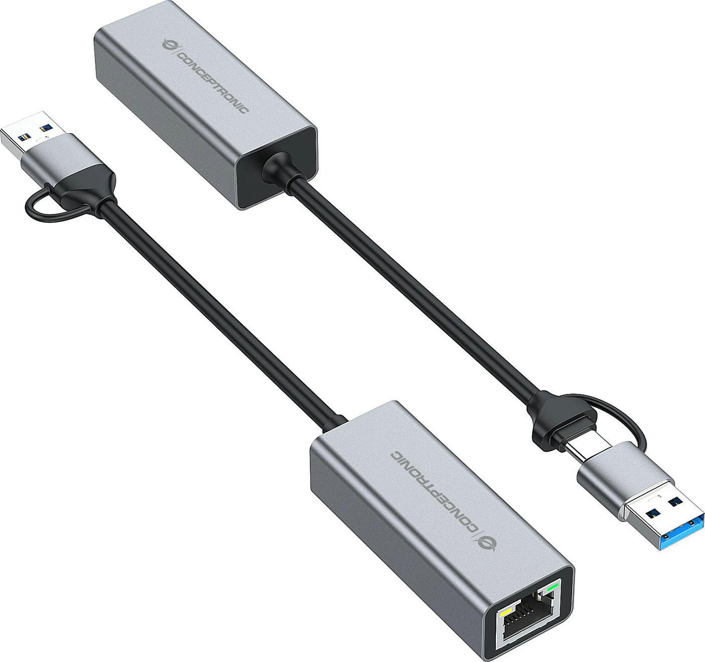 Adapter rrjeti USB Conceptronic ABBY08G, USB-A/USB-C në Gigabit Ethernet, USB 3.2 Gen 1, Wake-on-LAN, gri
