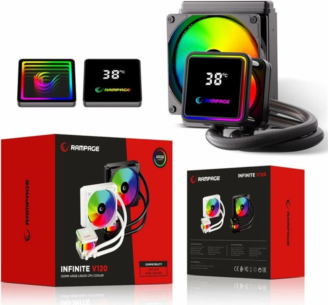 Ftohës uji AIO Rampage INFINITE V120 120 mm ARGB me ekran temperature, i bardhë
