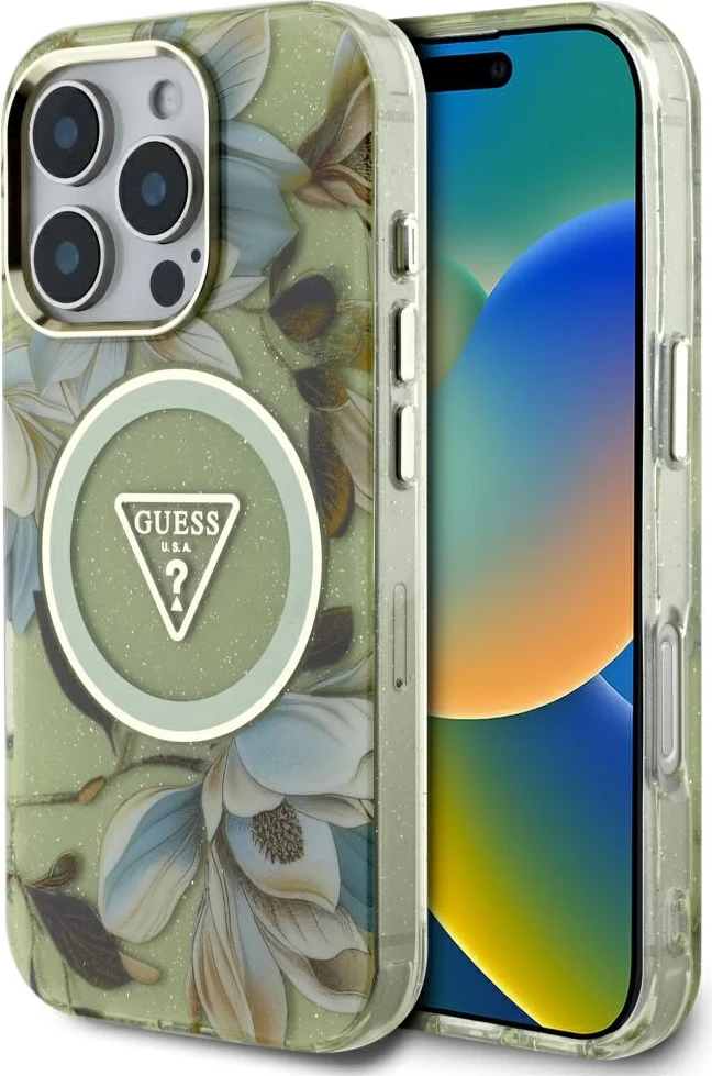 Mbështjellës Guess Glitter Flowers Triangle Buttons MagSafe për iPhone 16 Pro, Gjelbër