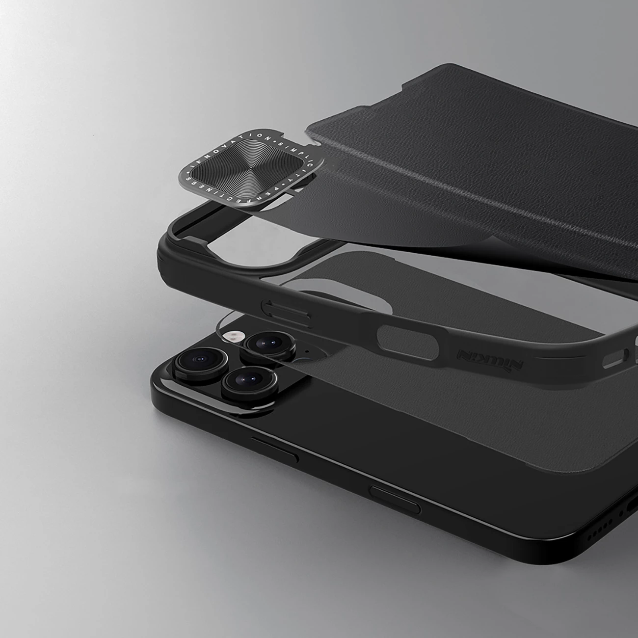 Mbështjellës Nillkin Qin Prop lëkurë për iPhone 16 Pro Max, me kapak kamere dhe mbajtëse, e zezë