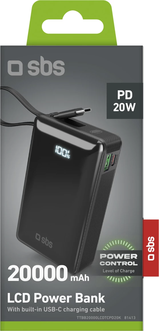 Powerbank SBS 20000 mAh 20W me kabllo USB-C të integruar dhe ekran digjital, e zezë
