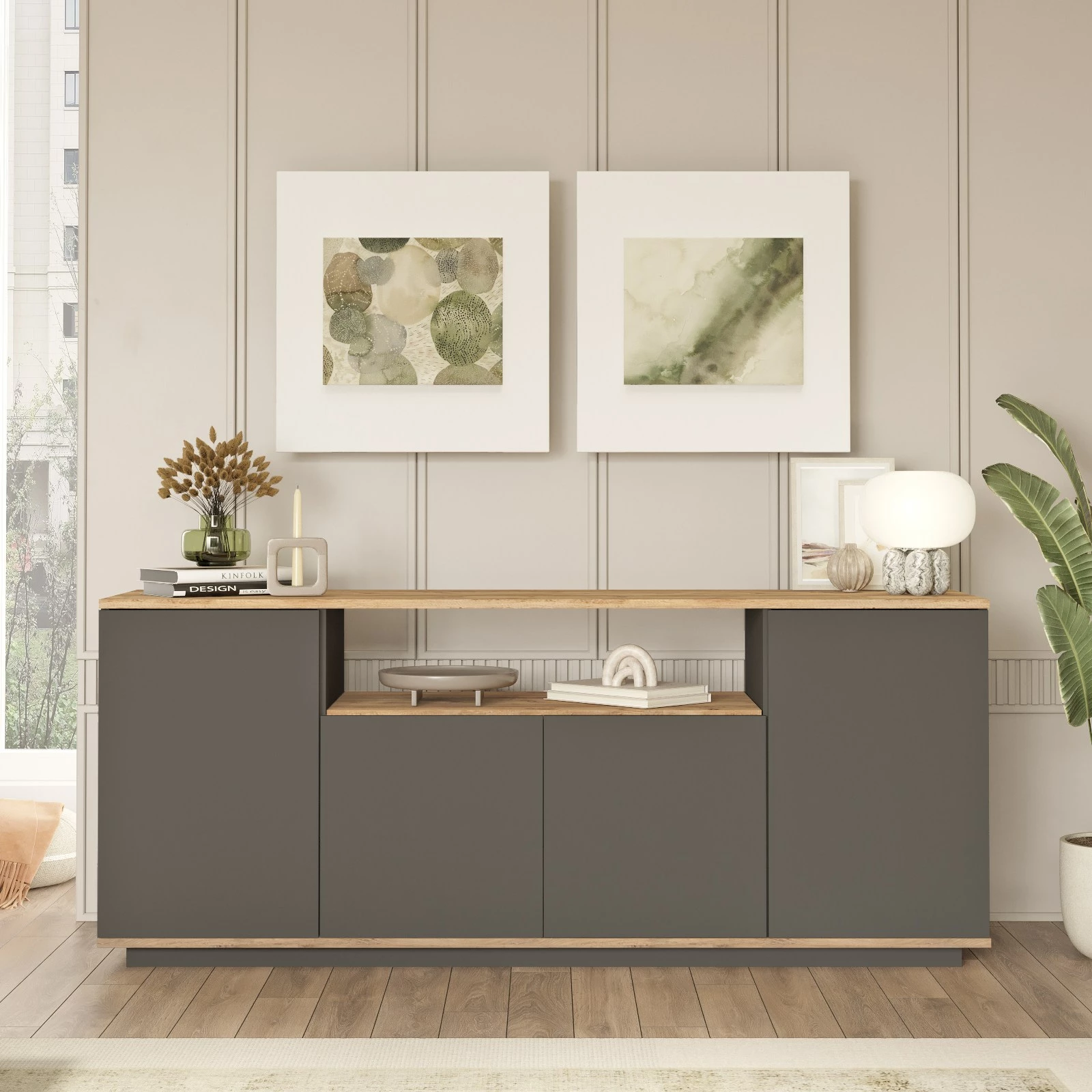 Konsolë Hanah Home, FR15-AA, ngjyrë pishë Atlantike dhe antracit, 180x75x44.5cm