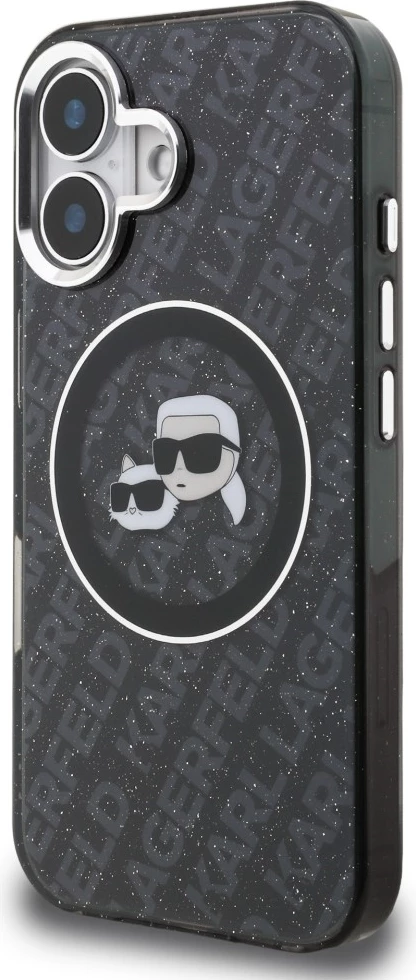 Mbështjellës Karl Lagerfeld IML Glitter Karl & Choupette Heads Logo, MagSafe, për iPhone 16, i zi, në kuti