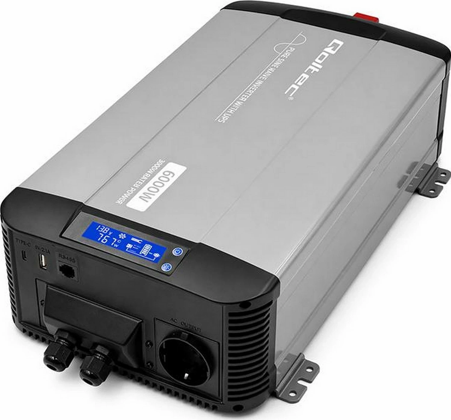 Inverter Qoltec Pure Sine Wave 12V në 230V 3000/6000W, hiri
