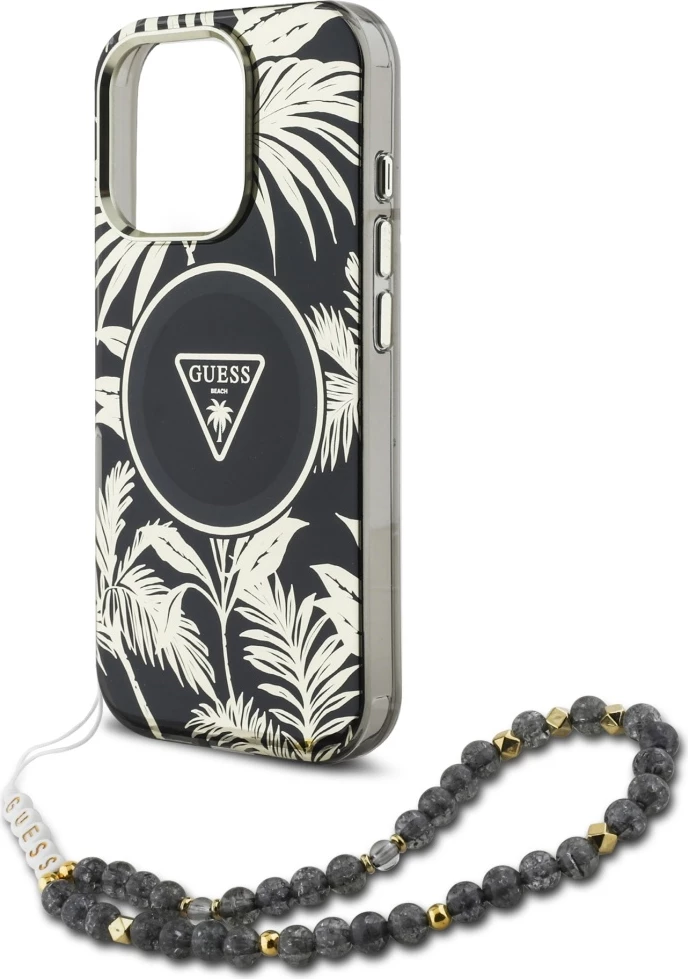 Mbështjellës, Guess, Palm Trees Triangle Pearl Strap MagSafe, për iPhone 16 Pro 6.3", magnet MagSafe, TPU/PC, me rrip me rruaza, zi