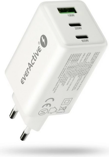 Karikues muri GaN, everActive SC-655Q, 65W, 1x USB + 2x USB-C, PD/PPS/QC4+, i bardhë