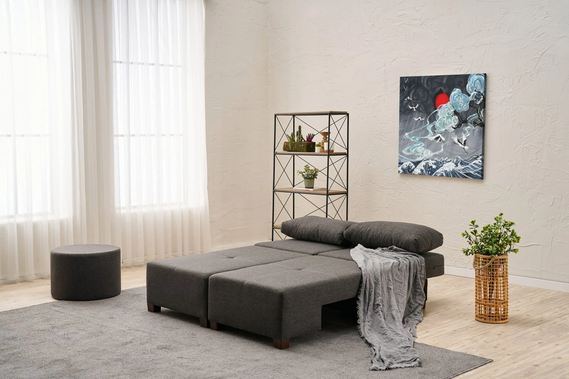 Krevat-sofa treshe, pëlhurë lino, ngjyrë antracit, Perenna