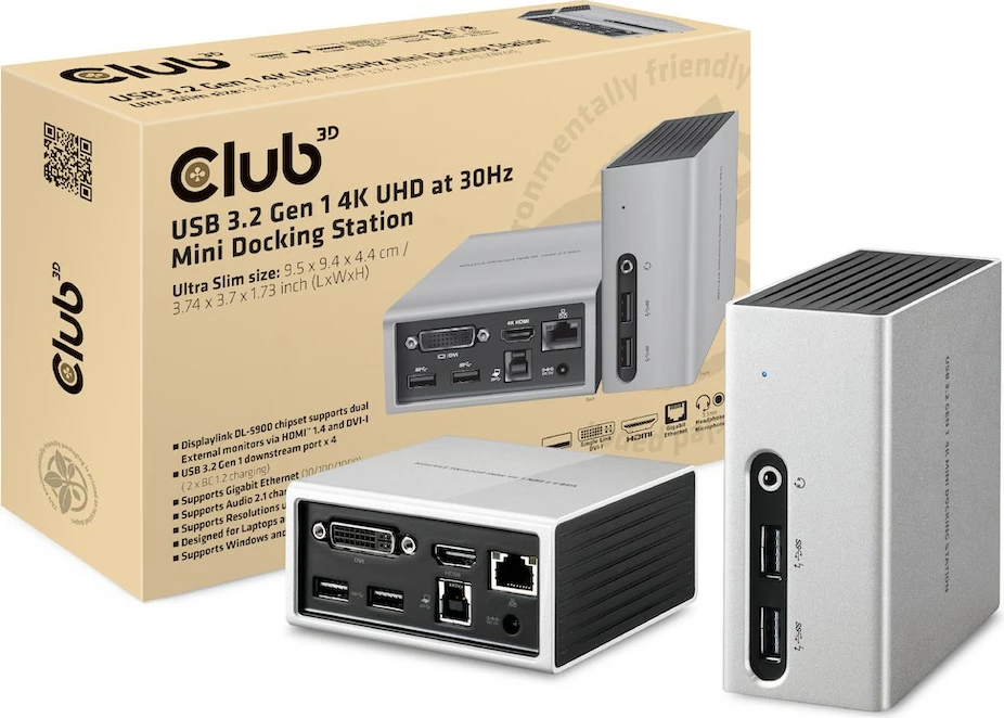 Docking station Club3D USB 3.2 Gen 1, 4K, 4x USB3, HDMI, DVI, LAN, argjendtë/zi
