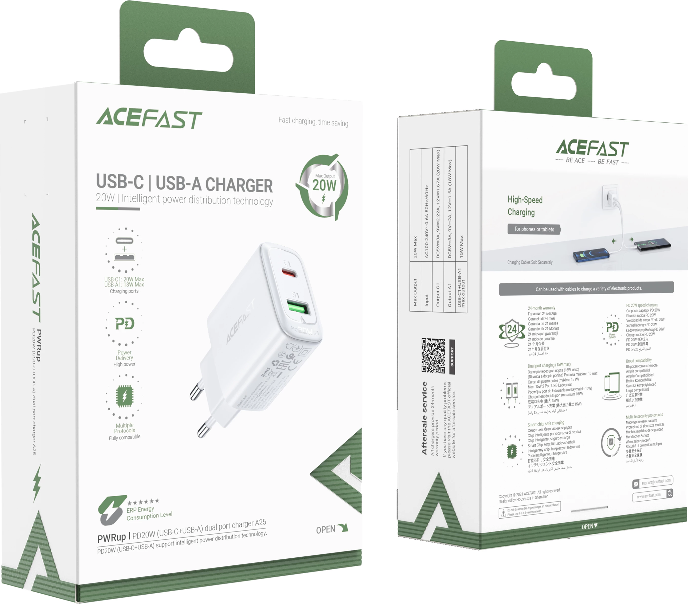 Karikues muri Acefast A25, 20W, USB-C/USB-A, i bardhë