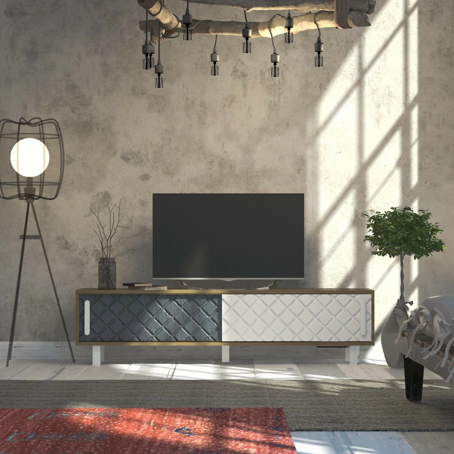 Komodë TV Skye Decor, rob-ud, e bardhë, antracit