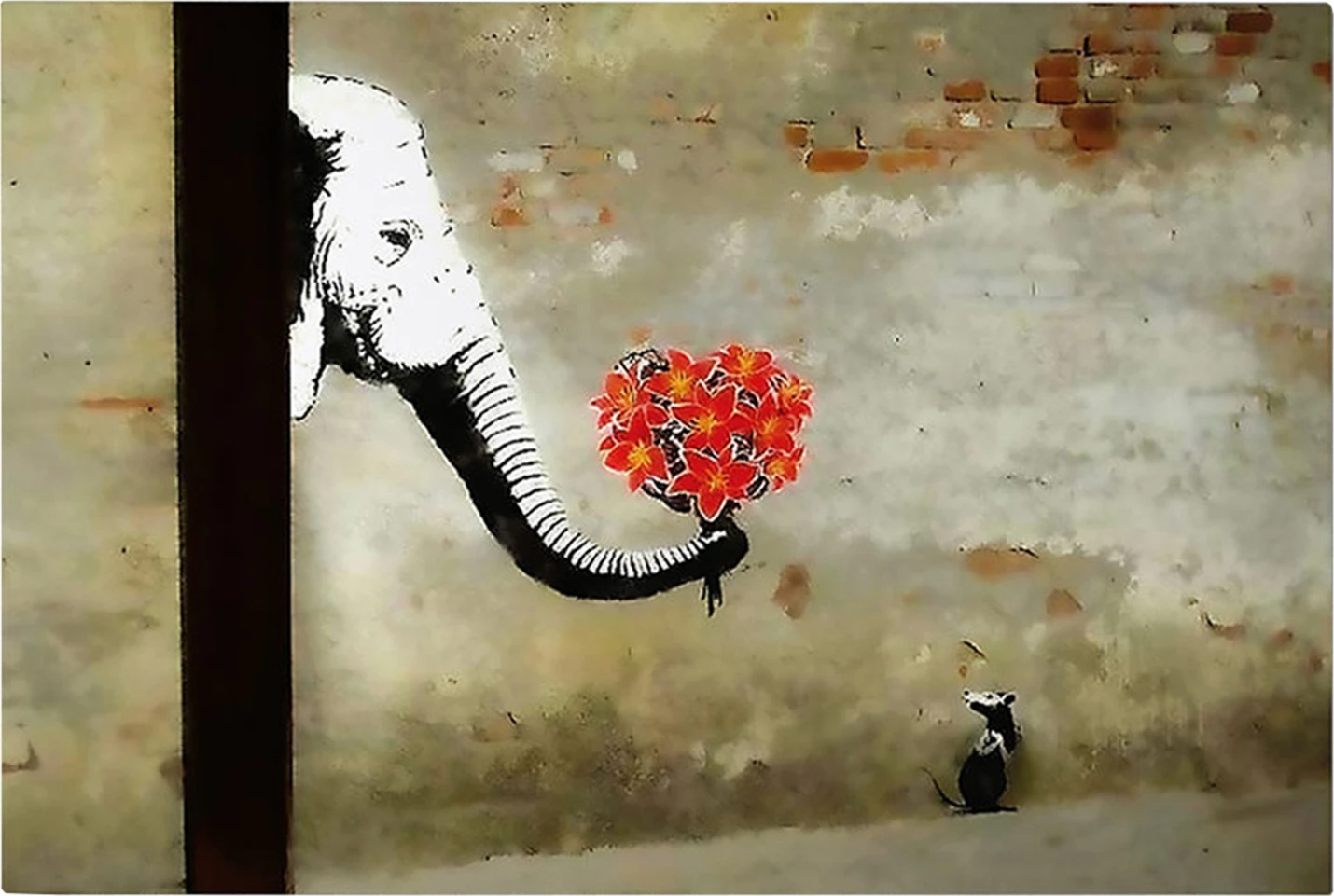 Pikturë muri GOBI, elefant me lule të kuqe, kornizë druri, 70x3x50cm