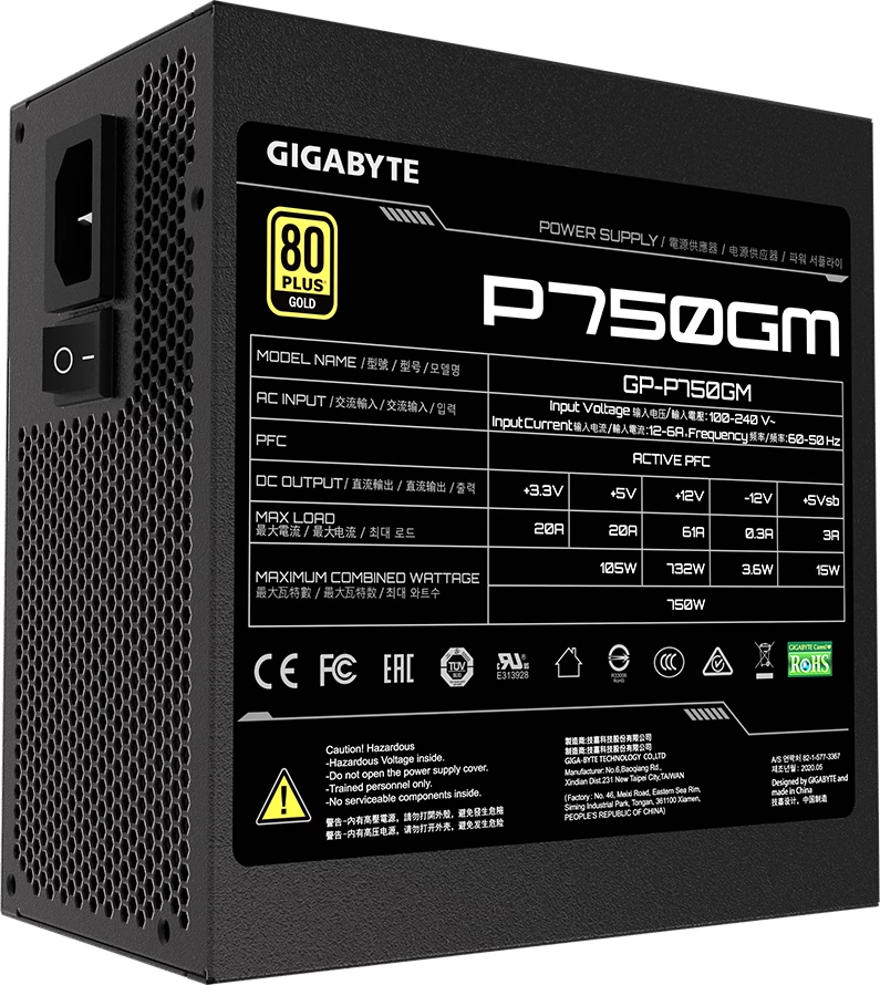 Furnizues rryme GIGABYTE P750GM 750W, modular, 80 Plus Gold, ventilator 120mm, prizë EU, i zi
