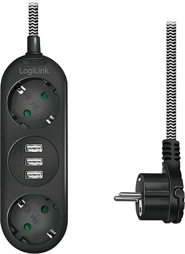 Zgjatues rryme LogiLink, 2x prizë Schuko CEE 7/3 + 3x USB-A, kabëll tekstil, i zi