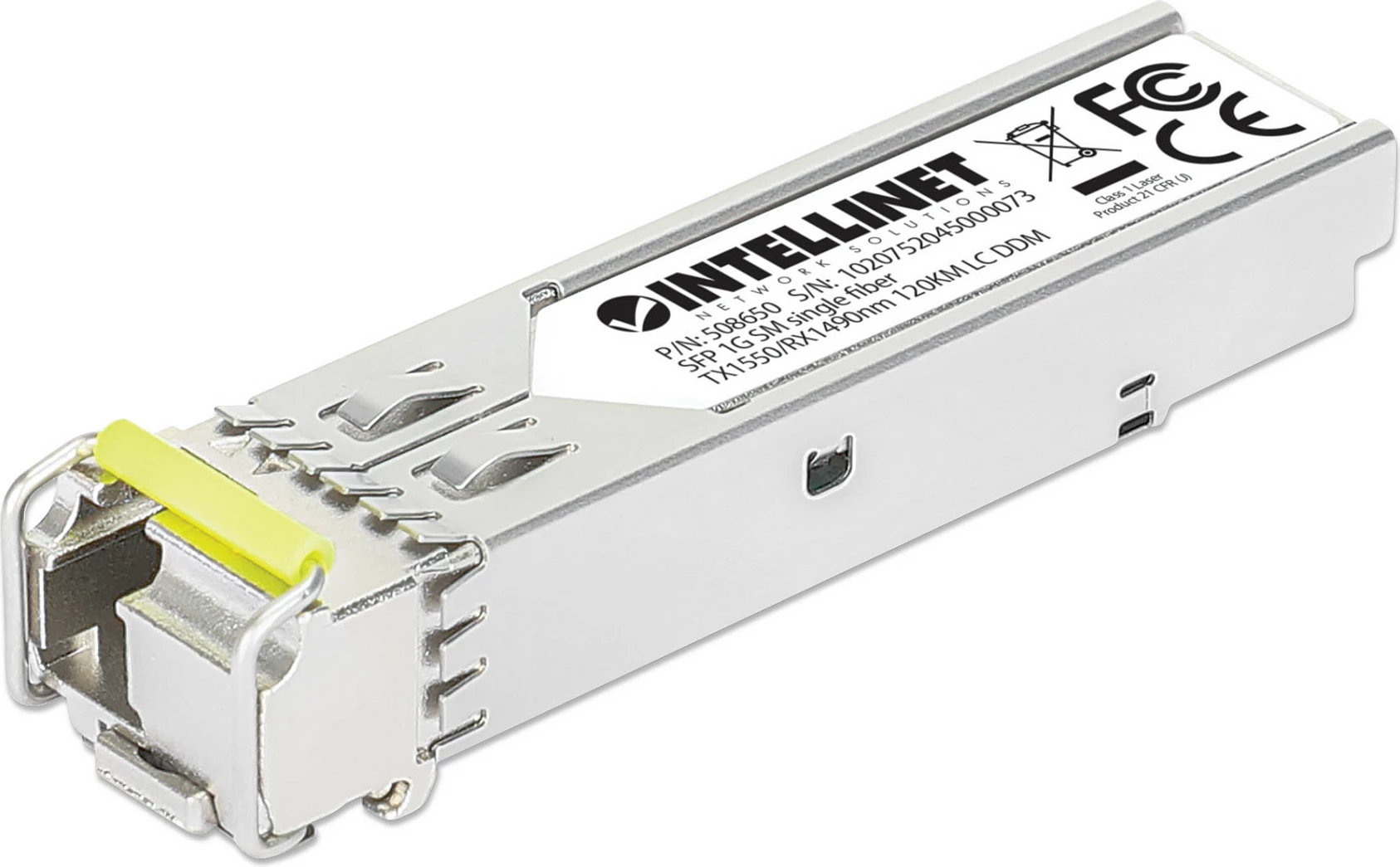 Modul transceiver SFP Intellinet 508650, 1Gbps 1000BASE-BX-D, BiDi WDM RX1490/TX1550, LC, SMF 120 km, argjendtë
