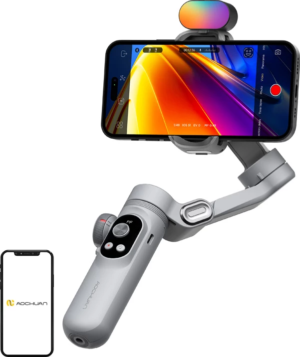 Stabilizator (gimbal) për celular AOCHUAN Smart X Pro, 3-aks, karikim wireless, dritë RGB, OLED, bateri 3200mAh, me tripod + kabllo USB-C, Gri