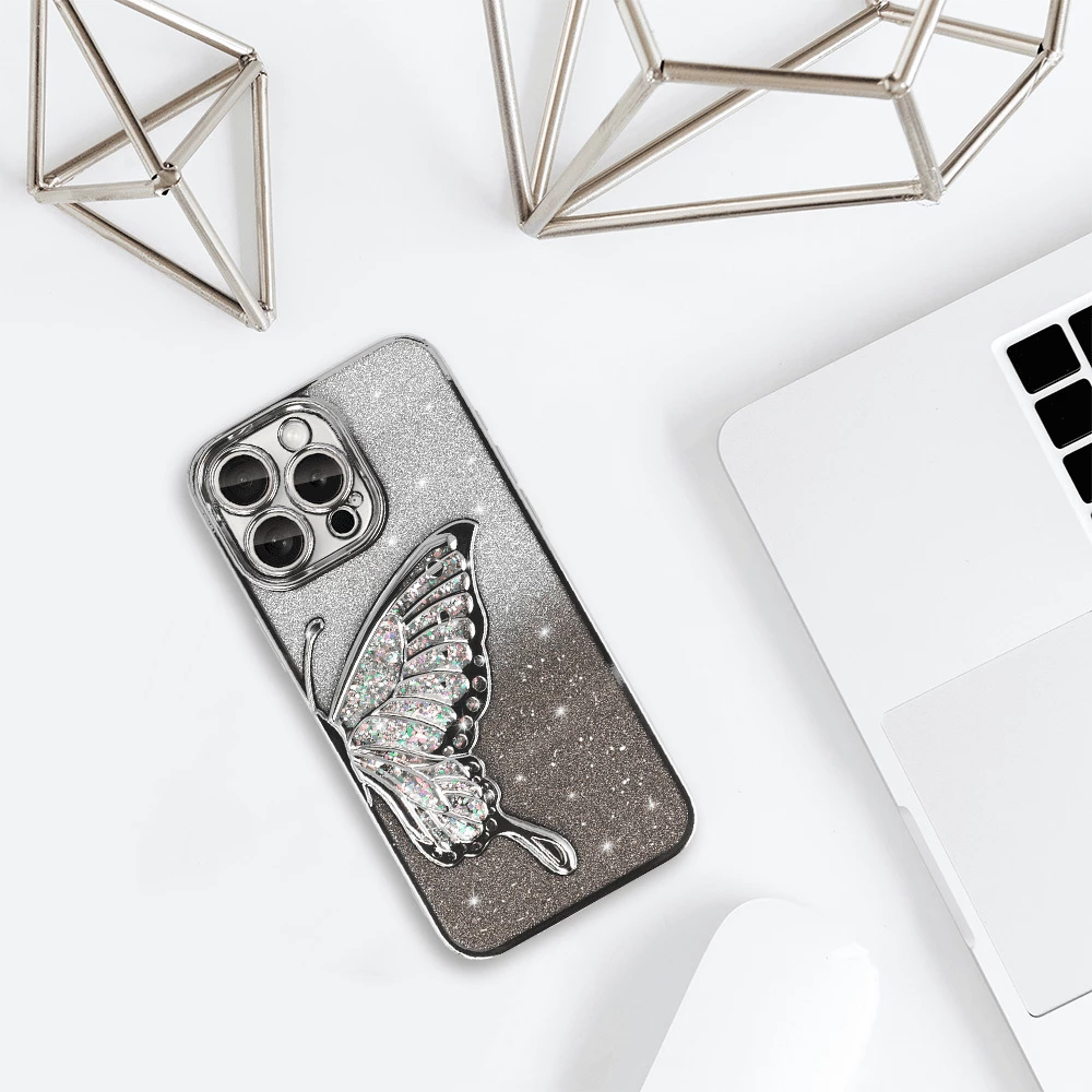 Mbështjellës ONASI Dream për iPhone 16 Pro, TPU fleksibël, 3D flutur me glitter, mbrojtje kamerash, gri