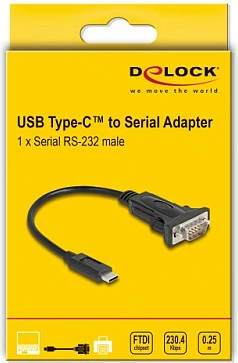 Adapter DeLOCK USB Type-C në Serial RS-232 DB9, 0.25 m, FTDI FT232RL, i zi