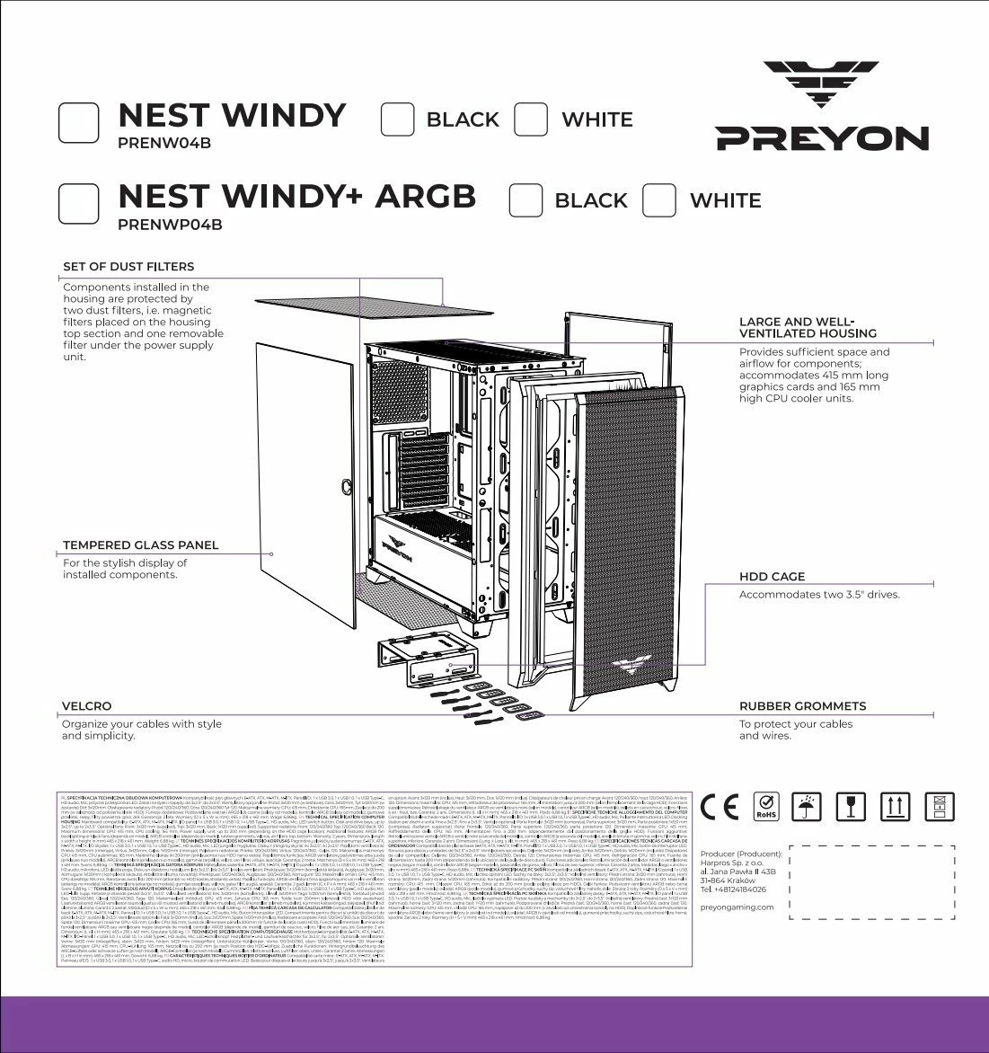 Kasë PREYON Nest Windy PRENW04B Midi Tower ATX/mATX/Mini-ITX, USB-C, tempered glass, 4x 120mm PWM fan, e zezë