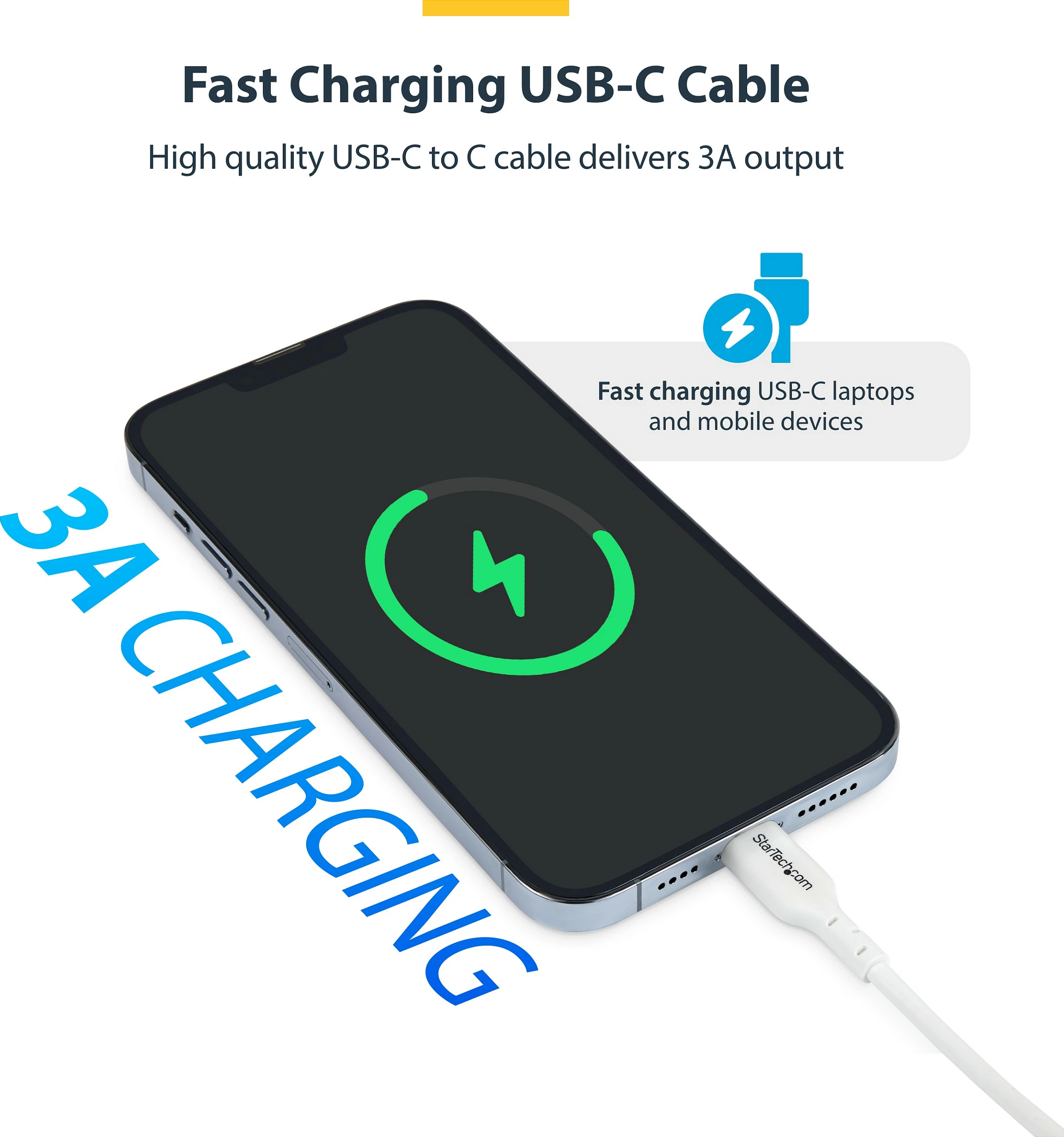 Kabllo USB-C StarTech 1m, USB 2.0, PD 60W 3A, e bardhë