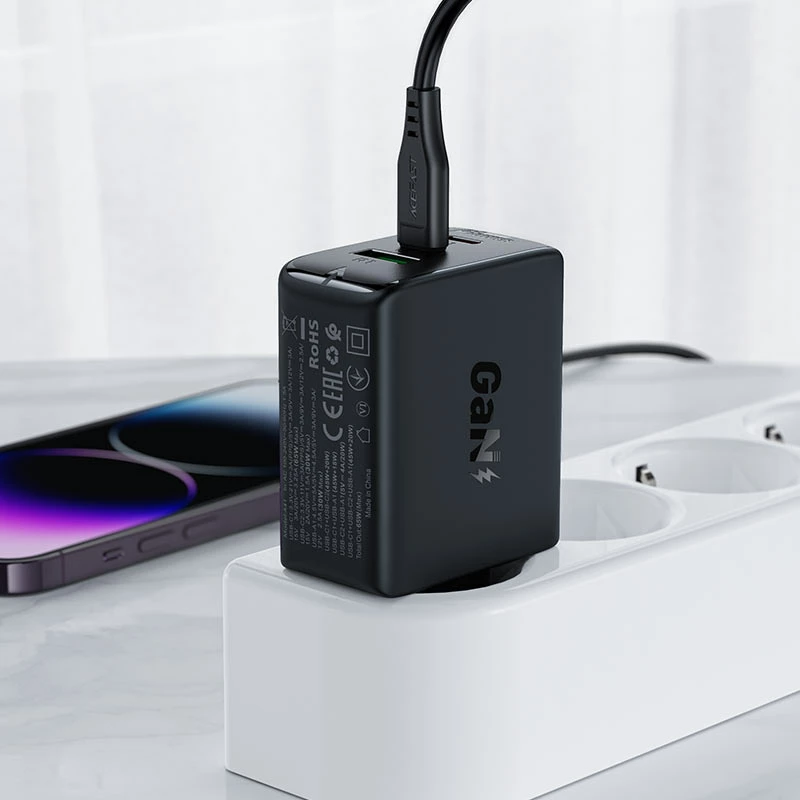 Karikues i shpejtë murit Acefast A41, 65W, 2x USB-C / USB-A, i zi