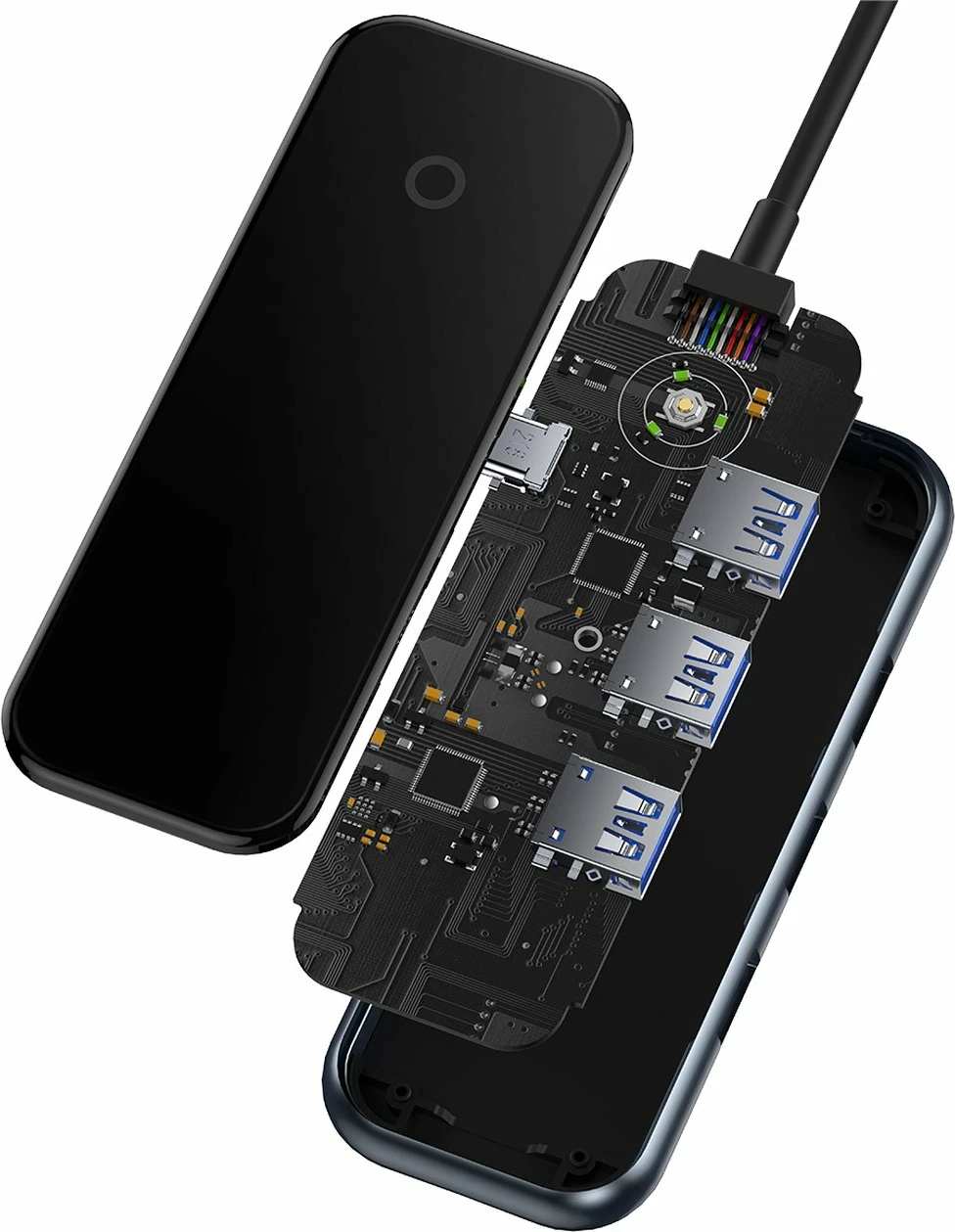 Kasë HUB Baseus AcmeJoy WKJZ010013, 4 porta, USB-C në 1x USB-C PD & Data / 3x USB3.0, Gri e errët