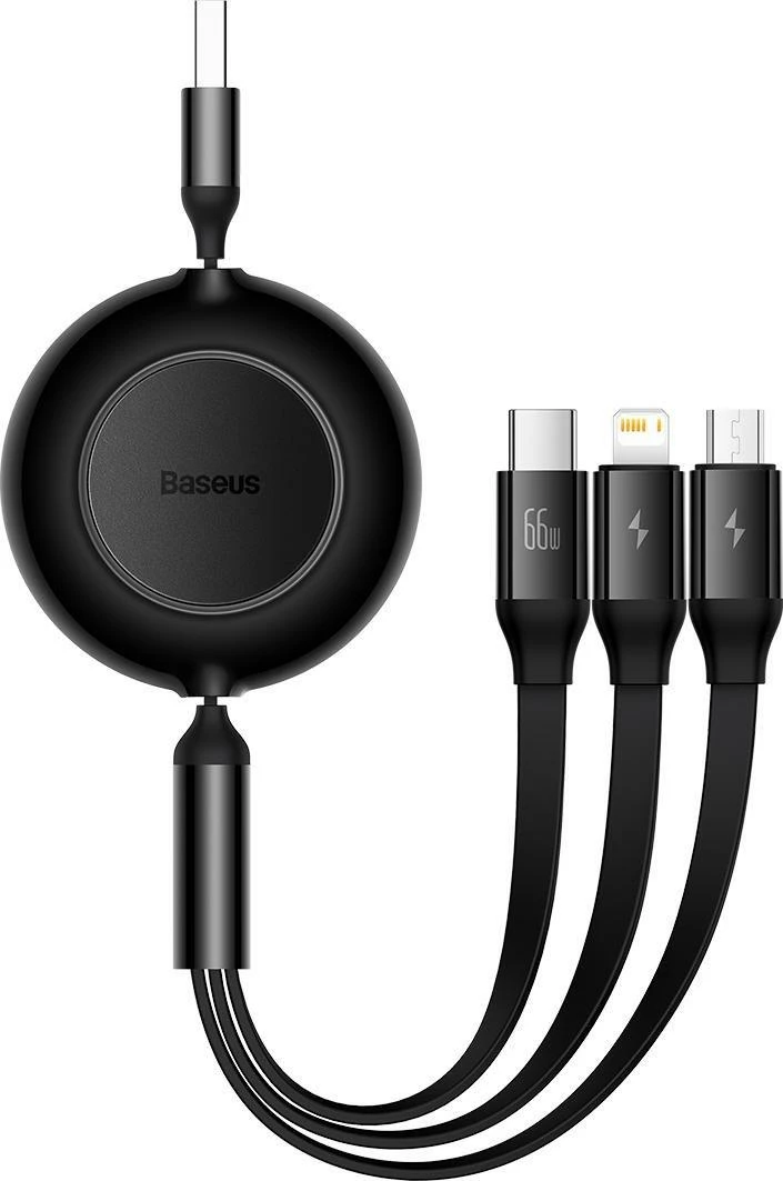 Kabllo USB Baseus Bright Mirror 2 CAMJ010101 3-në-1 retraktile 1.1 m 66W USB-A në USB-C/microUSB/Lightning, e zezë