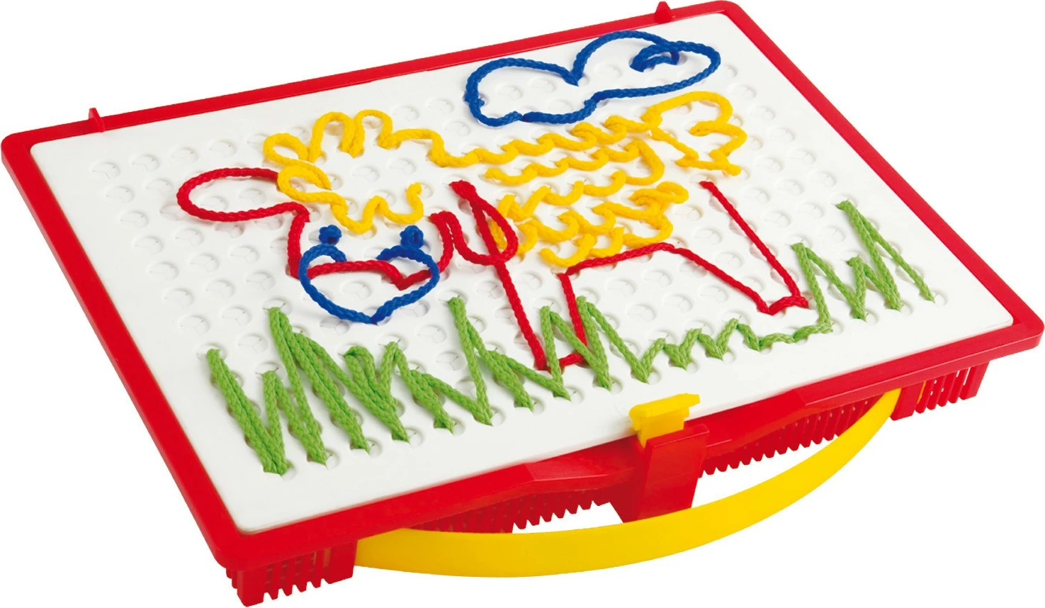 set krijues qëndisje me grep, Quercetti Filò 0570, tabelë me vrima vetë-mbyllëse, 8 litarë, 4 grepa, shabllone dhe album, 4+, shumëngjyrësh