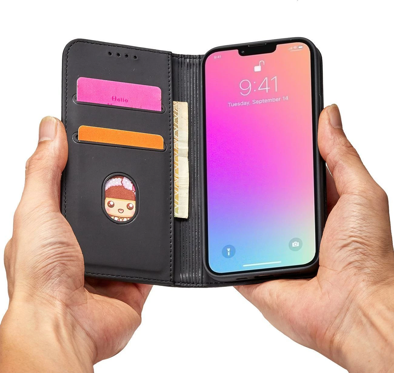 Mbështjellës Hurtel Magnet Card Case për iPhone 14 Pro, me kapak, portofol dhe mbajtëse, i zi
