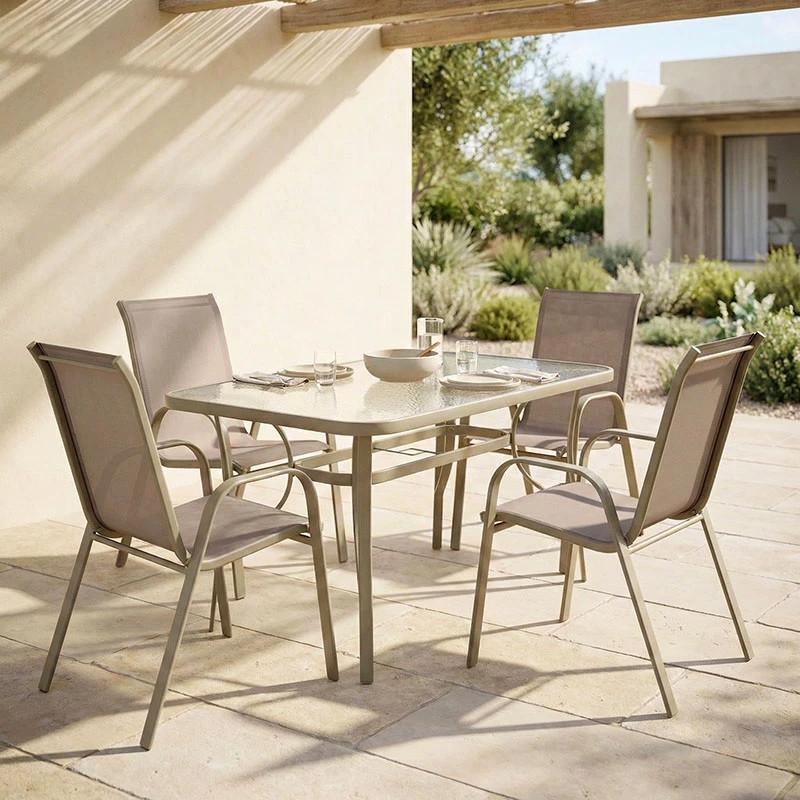 Tavolinë me karrige Ensure-Calan, metal-xham, ngjyrë shampanjë, 140x80x70cm